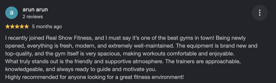 Google review from a Real Show Fitness member